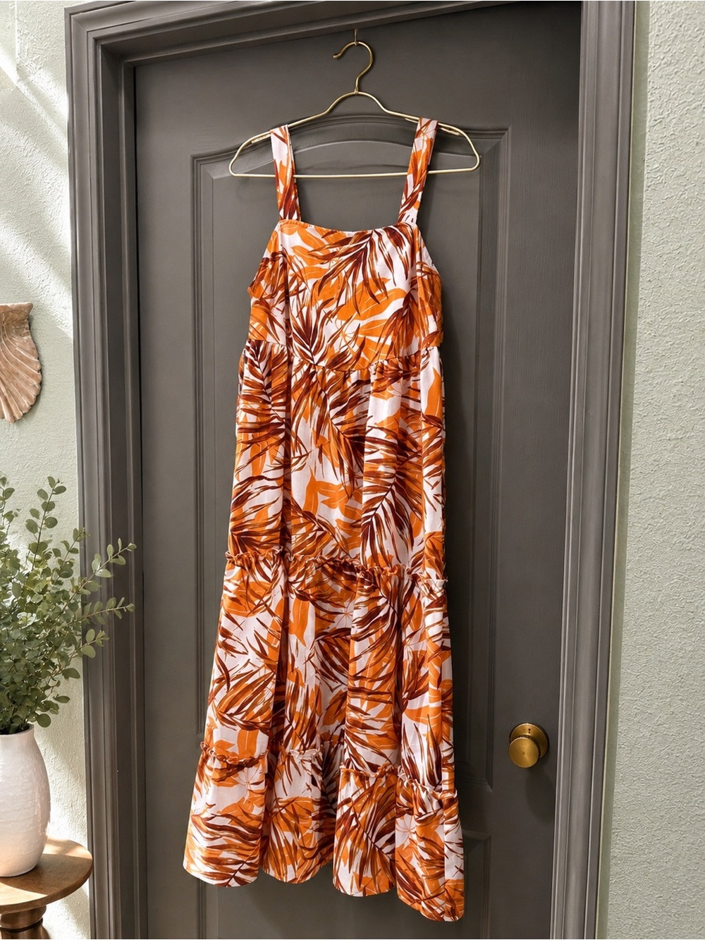 Emma & Michele Orange and White Tropical Leaf Maxi Dress
